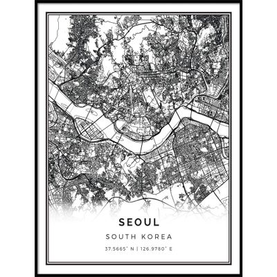 Seoul map poster print | Modern black and white wall art | Scandinavian home decor | South Korea City prints artwork | Fine art posters 20x30