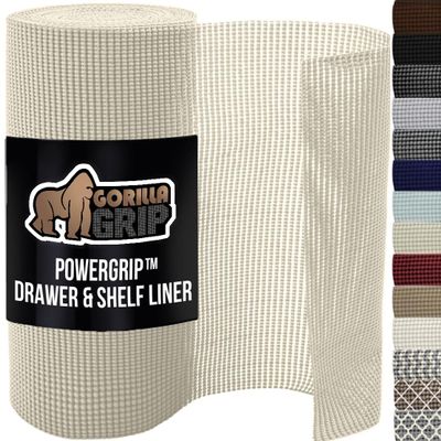 GORILLA GRIP powerGRIP Drawer Shelf and Cabinet Liner, Thick Strong Hold, Non-Adhesive Liners Protect Kitchen Cabinets and Cupboard, Bathroom Drawers, Easy Install, Breathable Mat, 17.5" x20', Cream