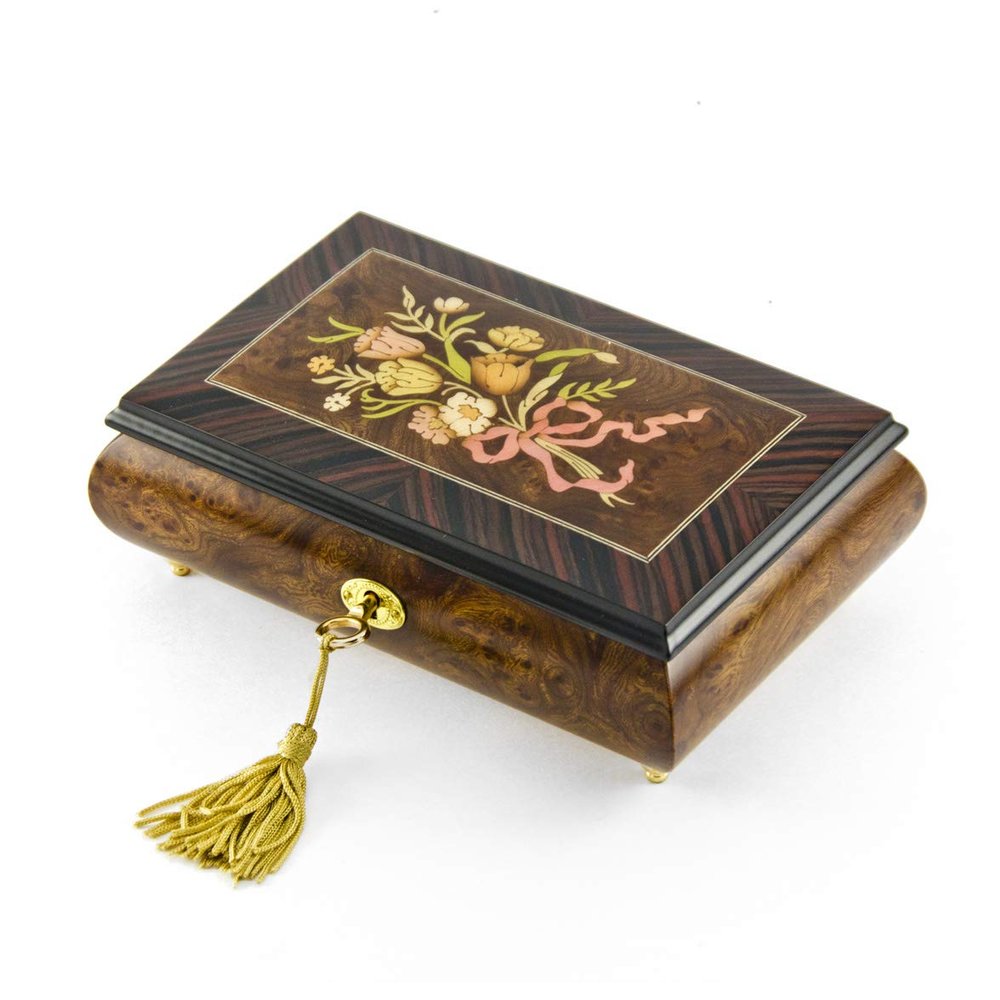Classic Music Box Features Nostalgic Design of A Floral Bouquet Tied with Pink Ribbon - Many Songs to Choose - Hatikvah. Israeli National Anthem