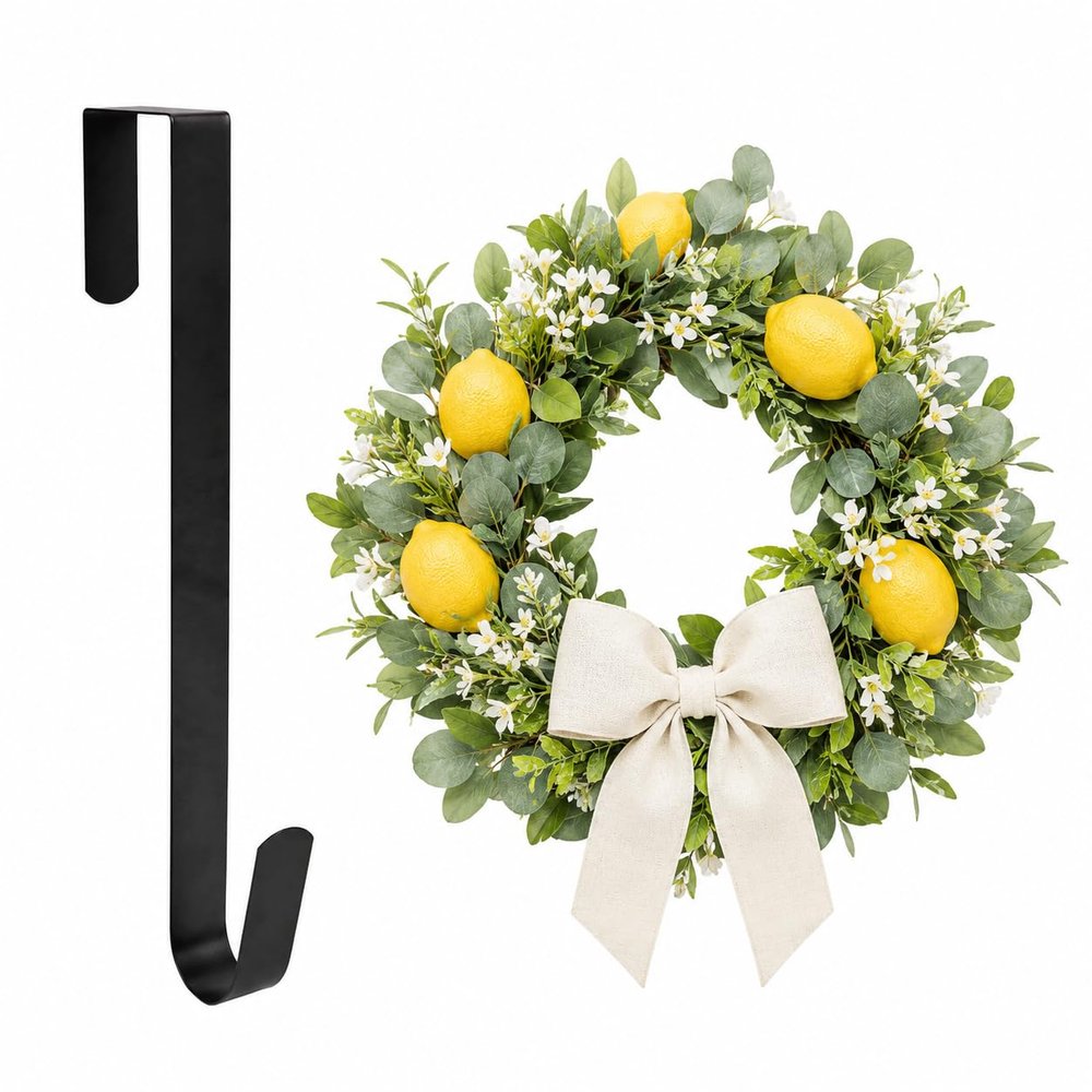 Sattiyrch 12" Front Door Wreath Hanger, Ultra Slim Metal Over Door Hook, Damage-Free Hanging for Seasonal & Year-Round Wreaths, Fits Most Doors, Black, 1 Pack