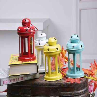 iHandiKart Handicrafts Hanging Lantern Decorative Tea Light Holder Home Decor Red,White,Blue and Yellow Color Iron Lamp with Candle Tealights & Fastiv Decor 10x10x14 cm (IHK22009) Set of 4