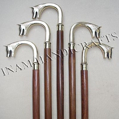 Mahira Nautical INAM Foldable Wooden Walking Sticks with Antique Brass Decorative and Designer Embossed Round Fox Shape Handle B