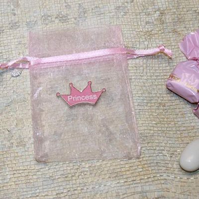 Shiny Pink Organza Bag with Crown Princess Charm - Pack of 10 Princess Favor Bags