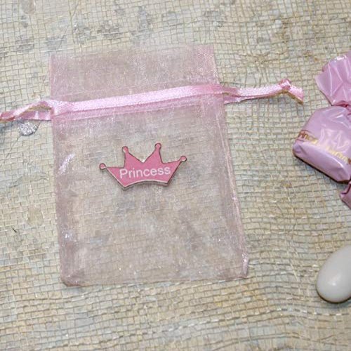 Shiny Pink Organza Bag with Crown Princess Charm - Pack of 10 Princess Favor Bags