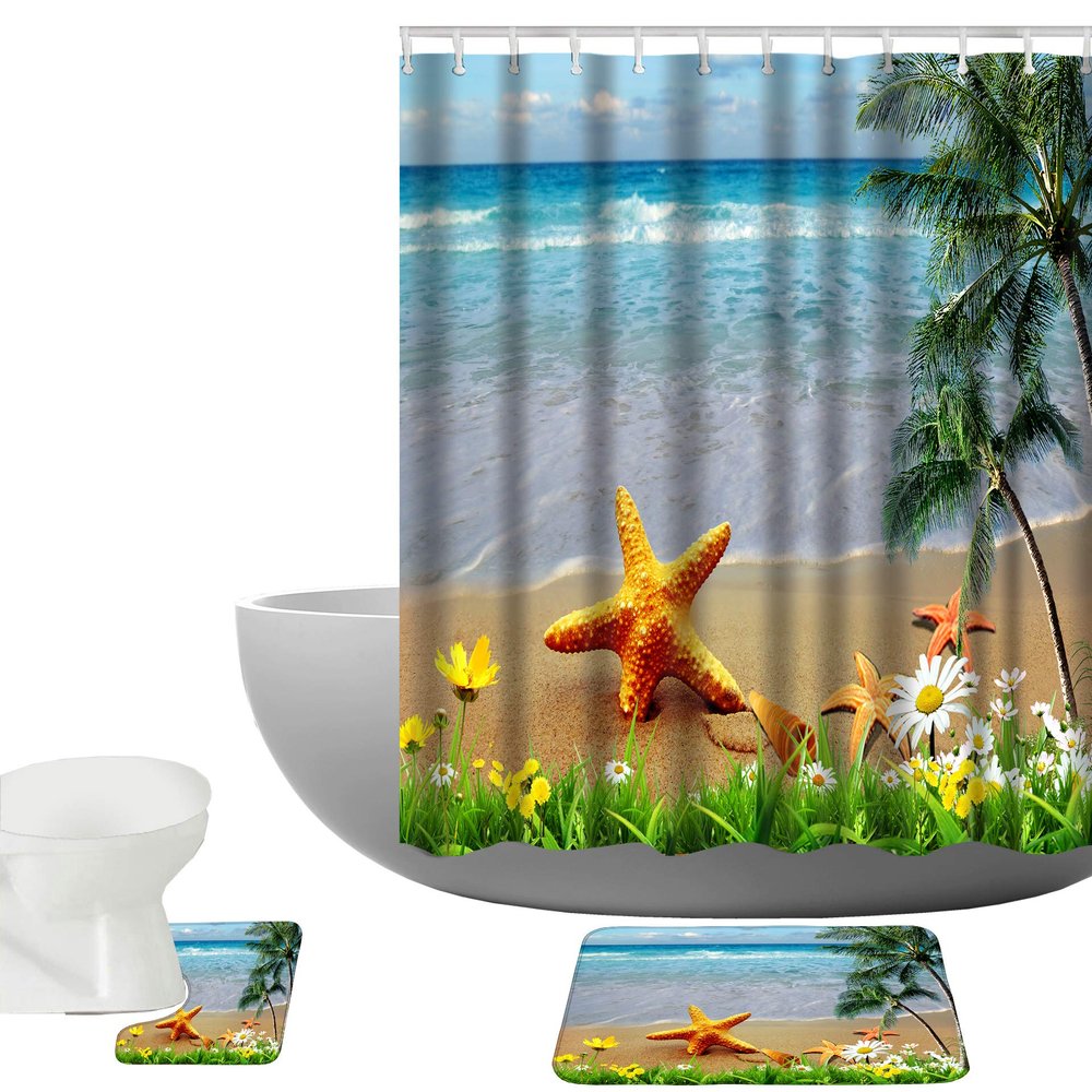 Amagical 3 Pieces Bathroom Mat Set Shower Curtain Set Starfish Sea Beach with Flowers Blue Ocean Bath Mat Contour Mat Shower Curtain with 12 Hooks