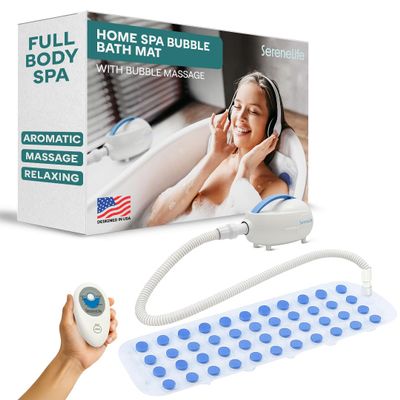 SereneLife Spa Bath Mat Full Body Massager - Portable Bubble Bath Massager with Air Jets, Remote Control, Non-Slip Adjustable Bubble Mat, Aroma Clip for Essential Oils, 47 x 14.2