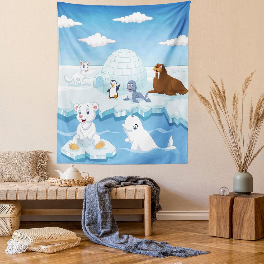 Ambesonne Animal Tapestry Twin Size, Image of Arctics Animals Polar Bears Seal Penguins Wolfs Whales Work of Art, Wall Hanging Bedspread Bed Cover Wall Decor, 68" X 88", White Blue