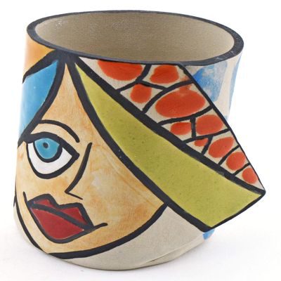 Decorative Ceramic Pencil Cup Holder N3 Handmade and Handpainted with Multicolored Foc-Art Decoration. 3,94" x 3,15" x 4,72"