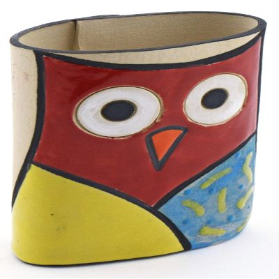 OWL Decorative Ceramic Pencil Cup Holder N2 Handmade and Handpainted with Multicolored Foc-Art Decoration. 3,54" x 2,17" x 5,12"