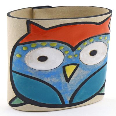 OWL Decorative Ceramic Pencil Cup Holder N3 Handmade and Handpainted with Multicolored Foc-Art Decoration. 3,54" x 2,17" x 5,12"