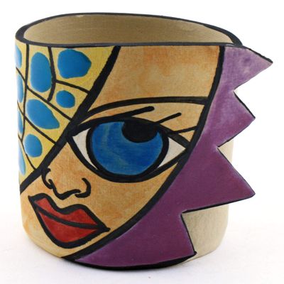 Decorative Ceramic Pencil Cup Holder N2 Handmade and Handpainted with Multicolored Foc-Art Decoration. 3,94" x 3,15" x 4,72"