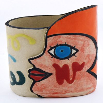 Decorative Ceramic Pencil Cup Holder FACE N2 Handmade and Handpainted with Multicolored Foc-Art Decoration. 43,94" x 1,97" x 4,72"