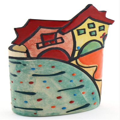 Decorative Ceramic Pencil Cup Holder House N3 Handmade and Handpainted with Multicolored Foc-Art Decoration. 4,33" x 2,36" x 5,51"
