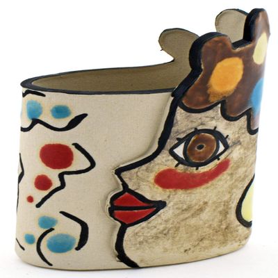 Decorative Ceramic Pencil Cup Holder FACE N4 Handmade and Handpainted with Multicolored Foc-Art Decoration. 3,94" x 1,97" x 4,72"