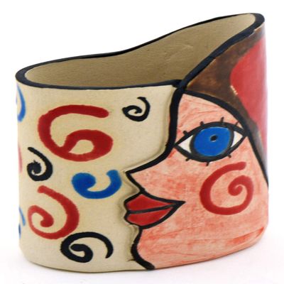 Decorative Ceramic Pencil Cup Holder FACE N3 Handmade and Handpainted with Multicolored Foc-Art Decoration. 3,94" x 1,97" x 4,72"