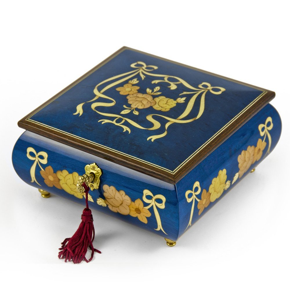 Handcrafted Radiant Blue W. Roses and Ribbons Musical Jewelry Box Limited Sale - Many Songs to Choose - Only You