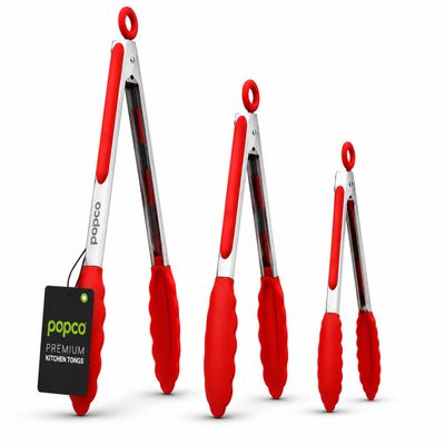 Popco 3-Piece Kitchen Tongs Set Stainless Steel Heat Resistant Silicone Tips, Strong Comfort Grip, 3 Sizes (7, 9, 12 Inch), Non-Scratch, Dishwasher Safe, For Cooking, BBQ, Salad