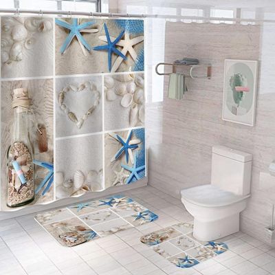 Amagical 3PCS Blue Starfish Seashell Conch Shower Curtain Set Bathroom Mat Set,Wishing Bottle Love Stone Design Bath Mat+Contour Mat+Shower Curtain