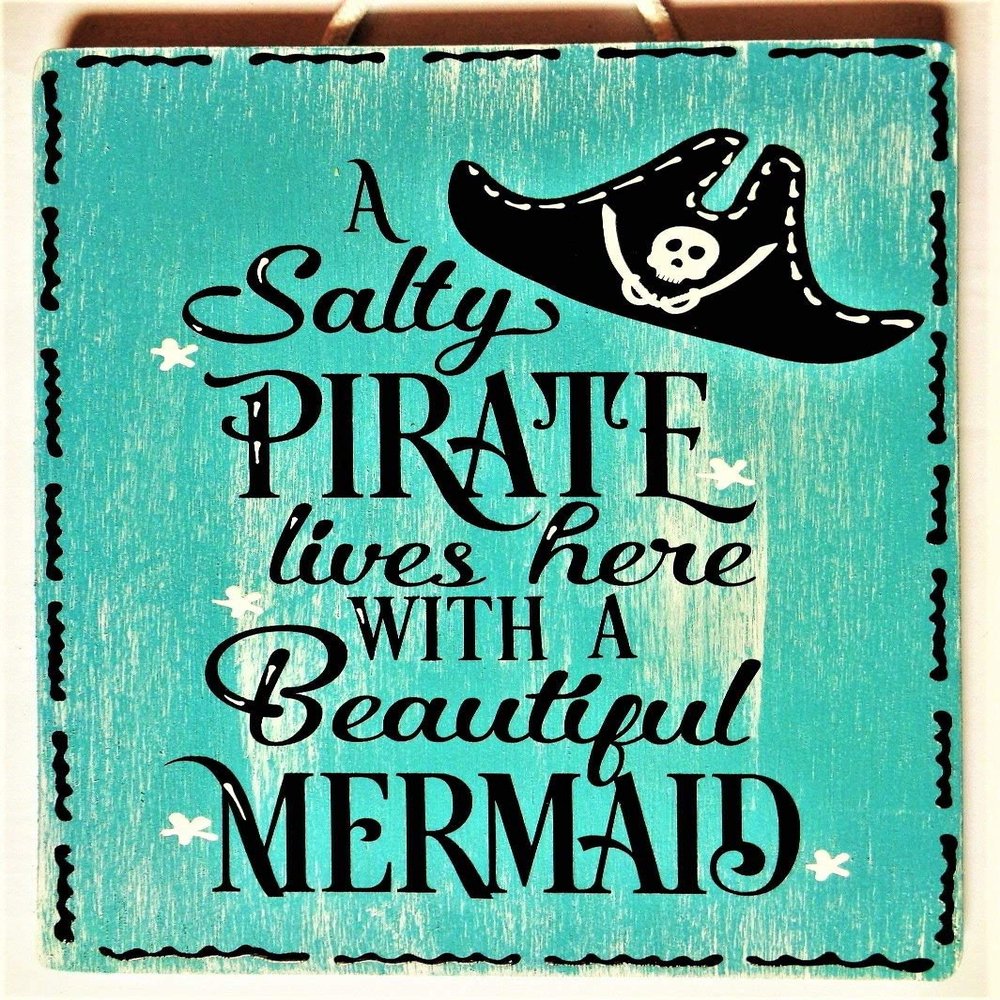Fprqlyze Salty Pirate Lives Here with Mermaid Sign Wall Plaque Beach Pool Deck Patio Home Tropical Decor Handcrafted Wood