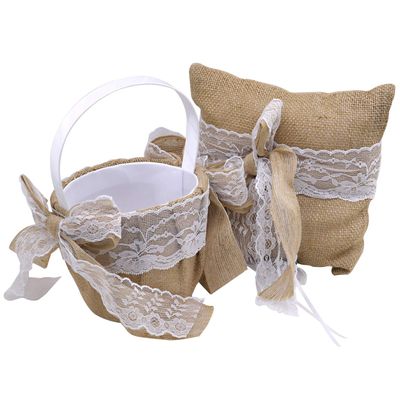 Patty Both Bowknot Ring Bearer Pillow and Rustic Wedding Flower Girl Basket Set 7 x 7 inches