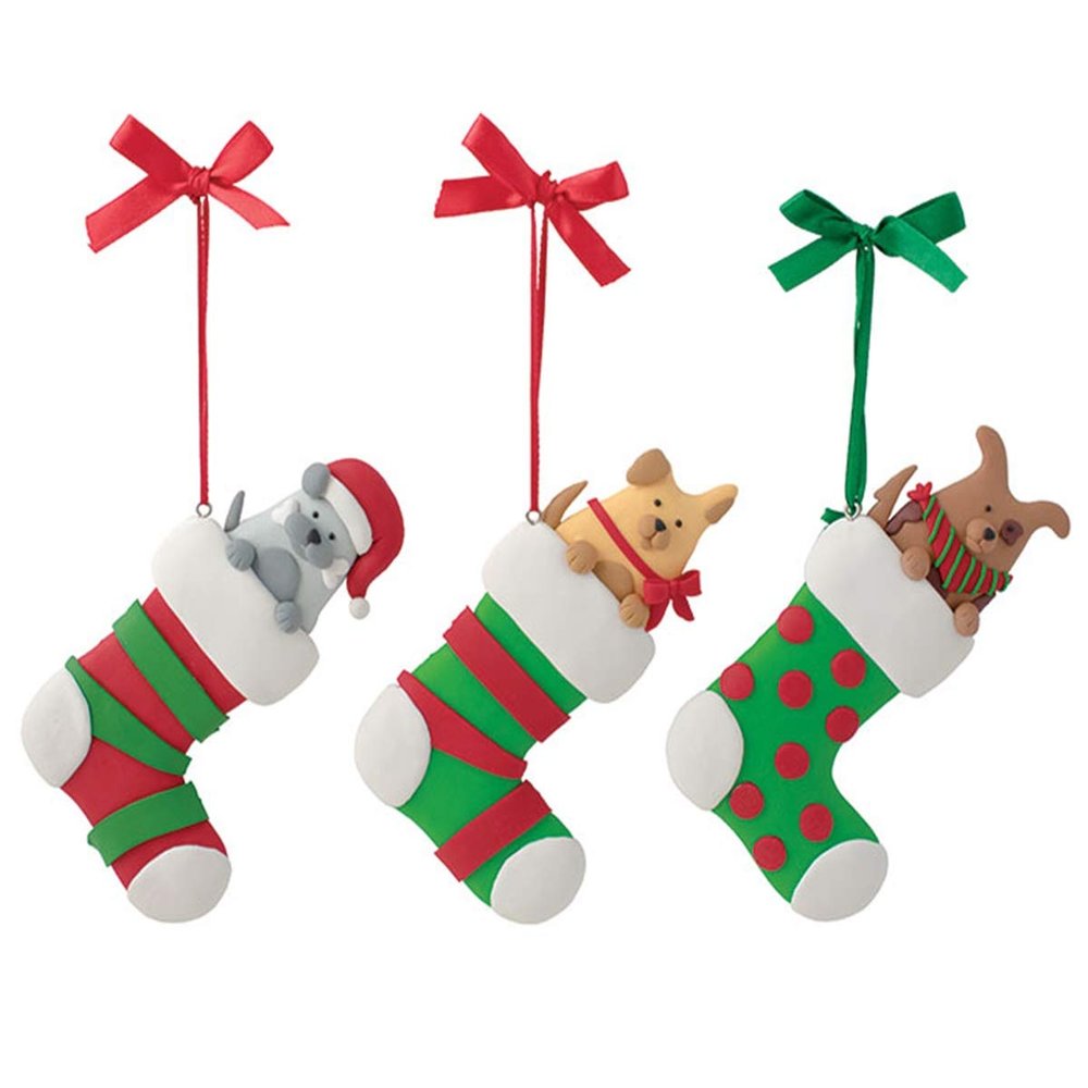 Adorable Puppy in Stocking Clay Christmas Ornaments, Set of 3