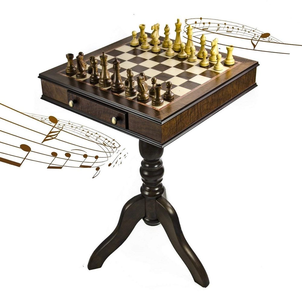 Timeless Handcrafted Walnut Finish Italian Musical Pedestal Chessboard - Many Songs to Choose - Piano Sonata in Minor Op 90 (Beethoven)