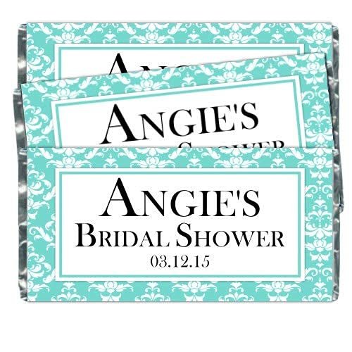 25 Blue Damask Bridal Shower Candy Wrappers, Wedding candy bar wrappers