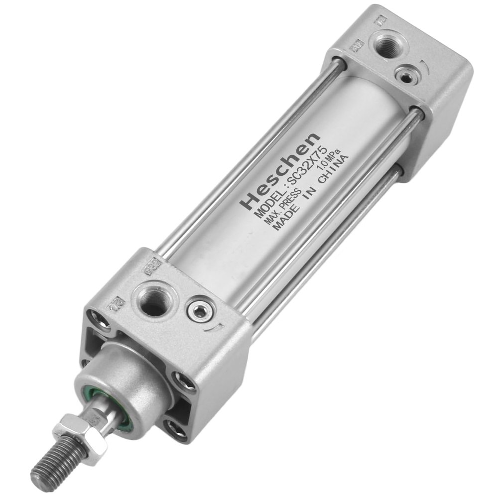 Heschen Tie-Rod Pneumatic Air Cylinder, SC 32-75, 32mm Bore, 75mm Stroke, PT 1/8 Port, Double Acting, Adjustable Cushion, Self-Lubricating Actuator for Industrial & Woodworking