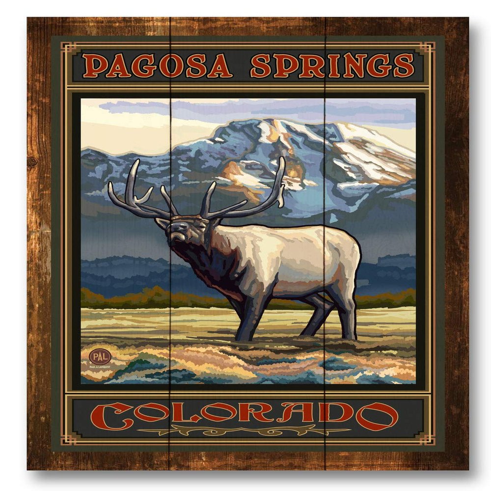 Pagosa Springs Colorado Whistling Elk Rustic Wood Art Print from Travel Artwork by Artist Paul A. Lanquist 9" x 12"