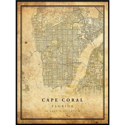 Cape Coral map vintage style poster print | Old city artwork prints | Antique style home decor | Florida wall art gift | antique map wall art 20x30