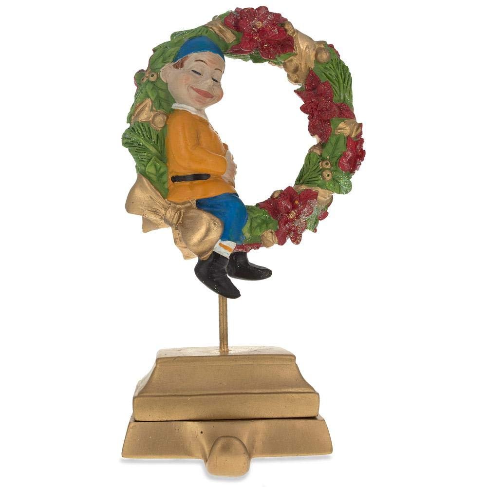 BestPysanky 7-Inch Wreath Metal Christmas Stocking Holder Hanger with Elf Design