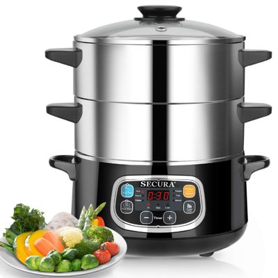 Secura Electric Food Steamer, Vegetable Double Tiered Stackable Baskets with Timer 1200W Fast Heating Stainless Steel Digital Steamer 8.5 Quart