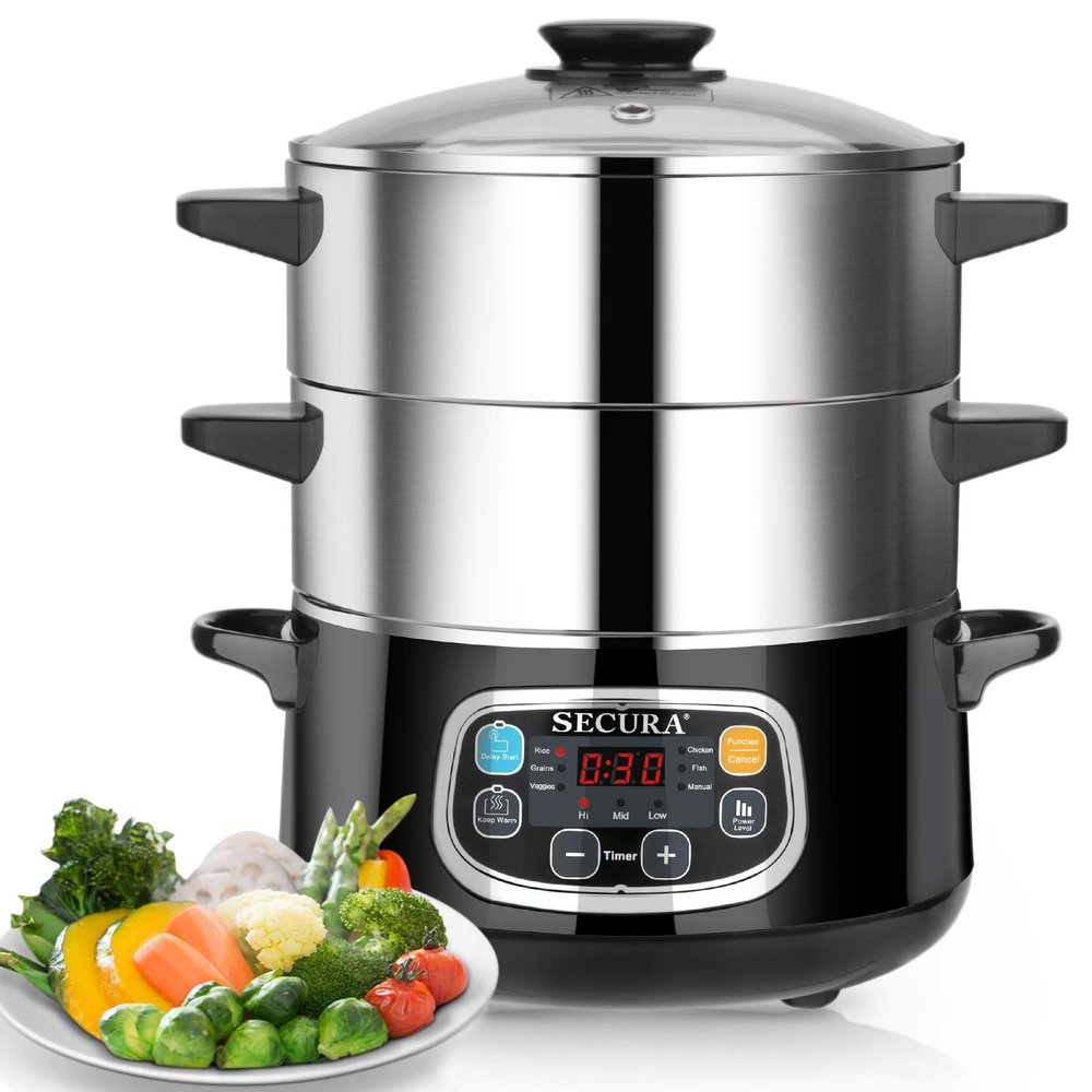 Secura Electric Food Steamer, Vegetable Double Tiered Stackable Baskets with Timer 1200W Fast Heating Stainless Steel Digital Steamer 8.5 Quart