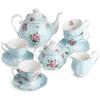 BTaT- Floral Tea Sets for Adults, 13 pcs, Service for 4, Pot (38 oz) & Cups (8 oz) with Saucers, Pastel Blue Floral Design, Porcelain Tea Set for Adult, Dishwasher Safe view 1
