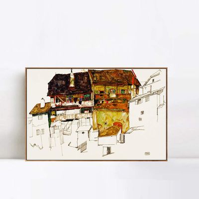 INVIN ART Framed Canvas Giclee Print Art Old Houses In Krumau by Egon Schiele Wall Art Living Room Home Office Decorations(Wood Color Slim Frame,20"x24")