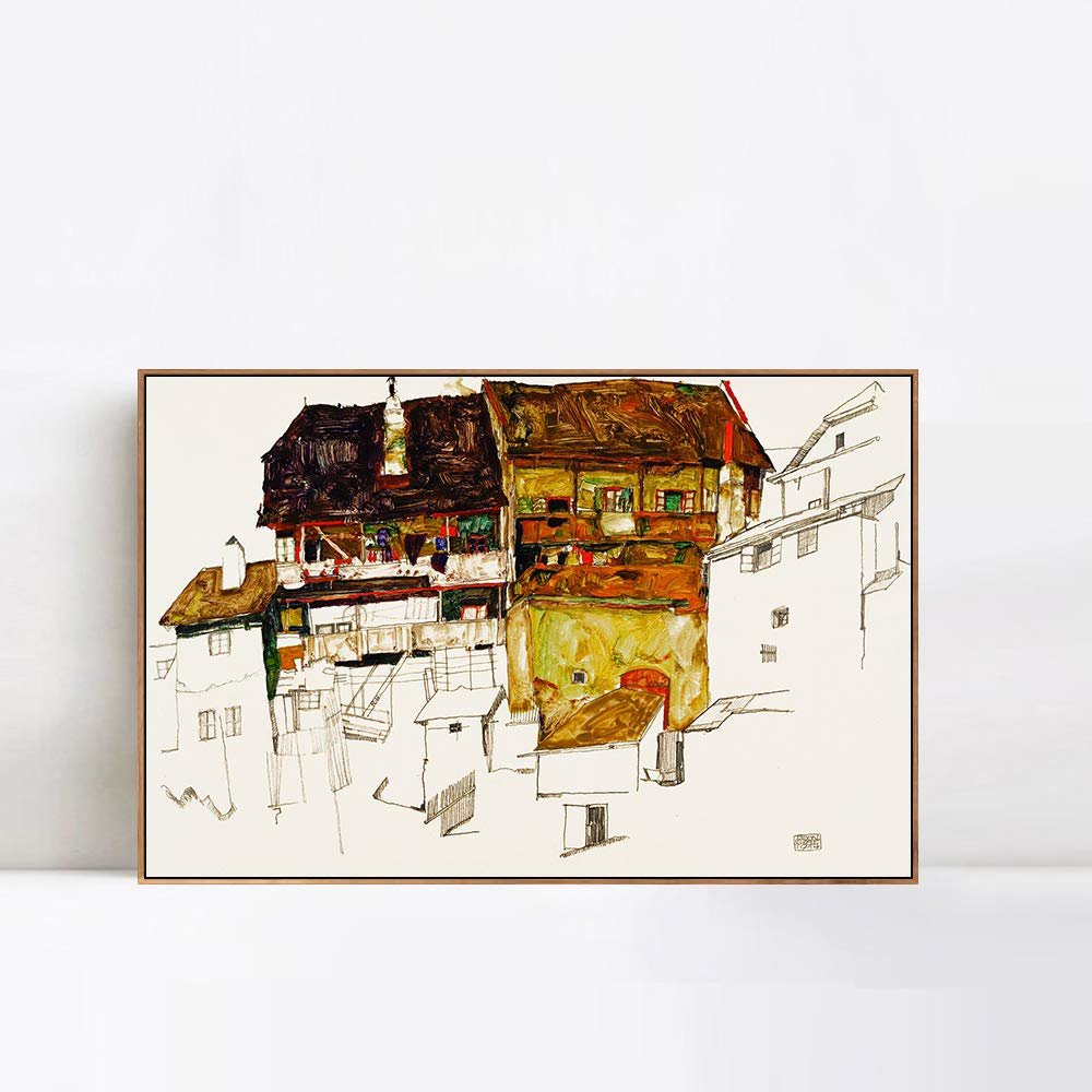 INVIN ART Framed Canvas Giclee Print Art Old Houses In Krumau by Egon Schiele Wall Art Living Room Home Office Decorations(Wood Color Slim Frame,20"x24")