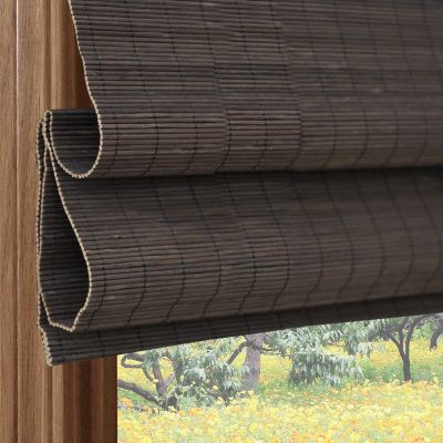 Cordless Blackout Bamboo Window Shades, Outdoor Cordless Woven Wood Roller Shades, Light Filtering Window Roman Blinds with 6" Valance, Bamboo Shades for Doors, 53" W x 48" H, Dark Brown