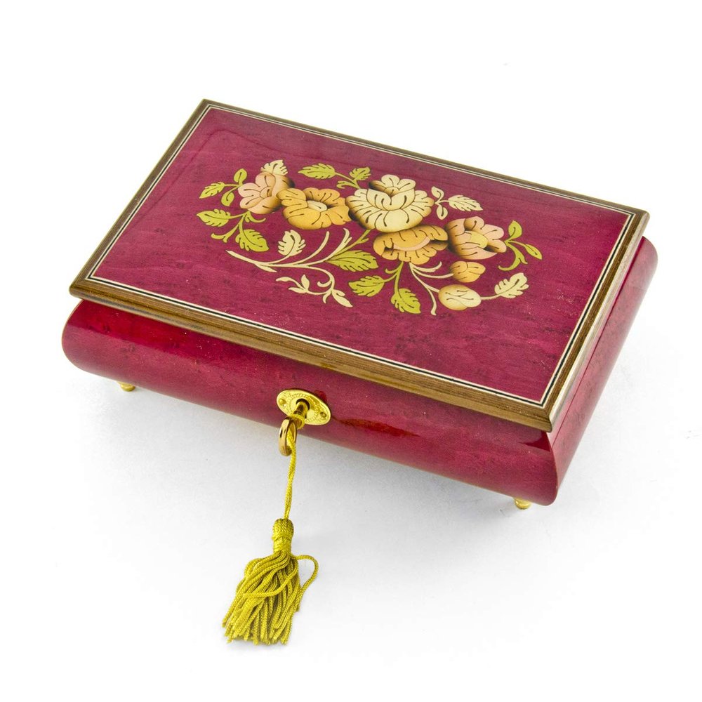 Beautiful 18 Note Red-Wine Floral Inlay Musical Jewelry Box with Lock and Key - Many Songs to Choose - and I Love Her