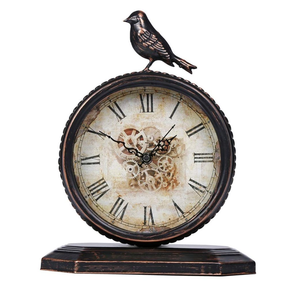 CLOCKZHJI Retro Mute Desk Clock European Style Living Room Wrought Iron Desktop Quartz Clock and Shelf Clock