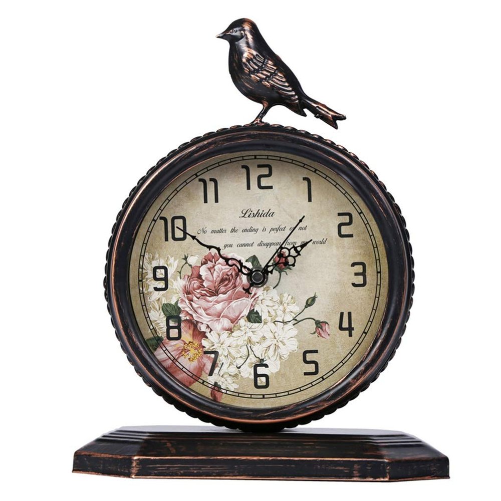 CLOCKZHJI Retro Mute Desk Clock European Style Living Room Wrought Iron Desktop Quartz Clock and Shelf Clock