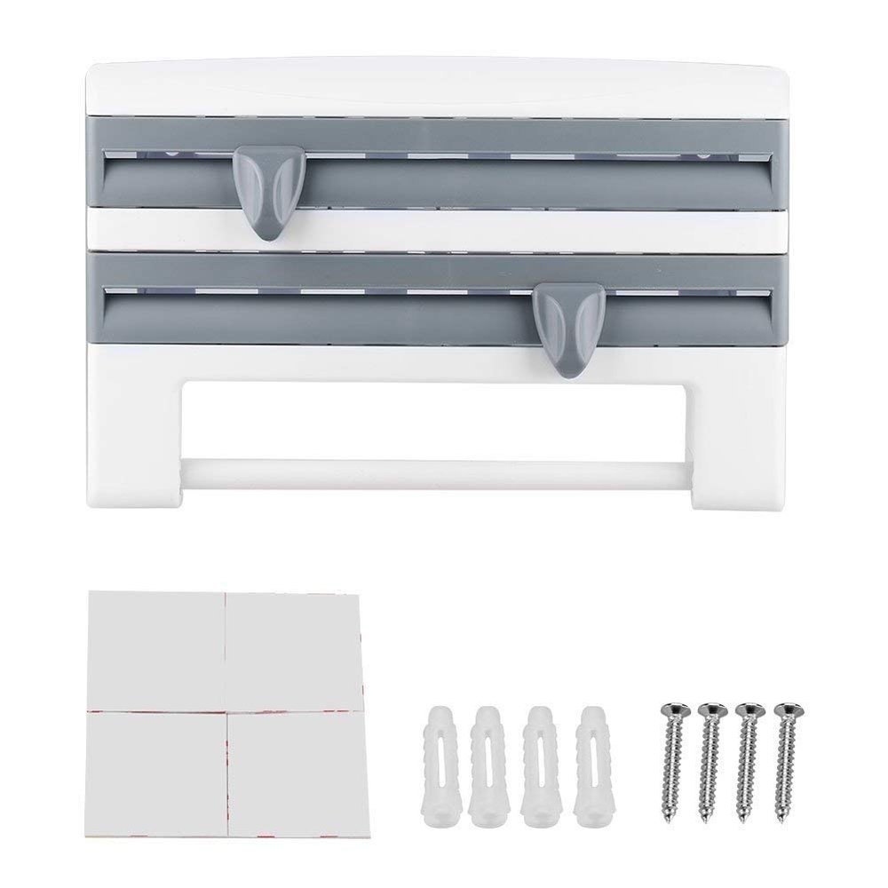 3 in 1 Kitchen Rack, Wall-Mount Sauce Bottle Storage Rack with Paper Towel Holder and Preservative Film Dispenser, Gray