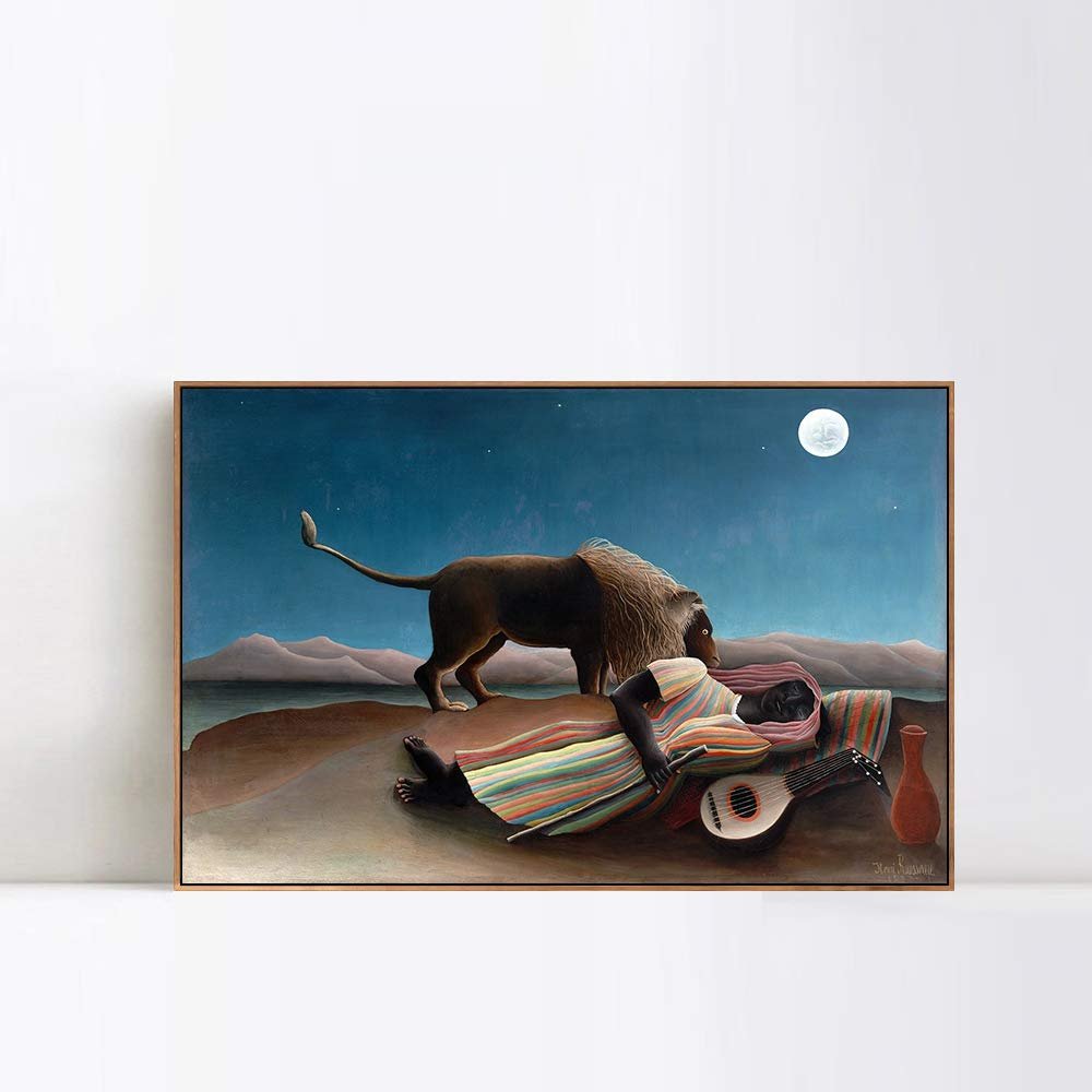INVIN ART Framed Canvas Giclee Print Art The Sleeping Gypsy by Henri Rousseau Wall Art Living Room Home Office Decorations(Wood Color Slim Frame,20"x24")