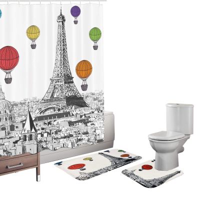 Amagical Paris Eiffel Tower Decor 3 Piece Bathroom Mat Set Shower Curtain Set Paris Tower with Colorful Hot Air Balloons Pattern Bath Mat Contour Mat Fabric Shower Curtain with 12 Hooks