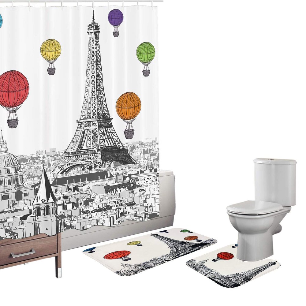 Amagical Paris Eiffel Tower Decor 3 Piece Bathroom Mat Set Shower Curtain Set Paris Tower with Colorful Hot Air Balloons Pattern Bath Mat Contour Mat Fabric Shower Curtain with 12 Hooks