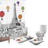 Amagical Paris Eiffel Tower Decor 3 Piece Bathroom Mat Set Shower Curtain Set Paris Tower with Colorful Hot Air Balloons Pattern Bath Mat Contour Mat Fabric Shower Curtain with 12 Hooks view 1