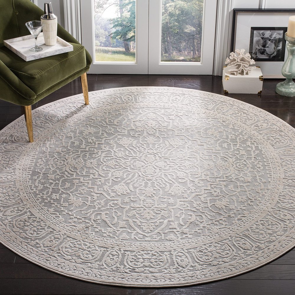 SAFAVIEH Area Rug 5' Round - Reflection Collection - Light Grey & Cream, Non-Shedding & Easy Cleaning, Ideal for Living Room, Bedroom (RFT670C)