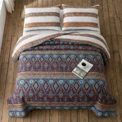 DaDa Bedding Farmhouse Southwestern Aztec Bedspread Set - Bohemian Desert Tribal Quilted Coverlet w/Pillow Shams - Bright Vibrant Colorful Diamond - King Size - 3-Pieces (KSX002)