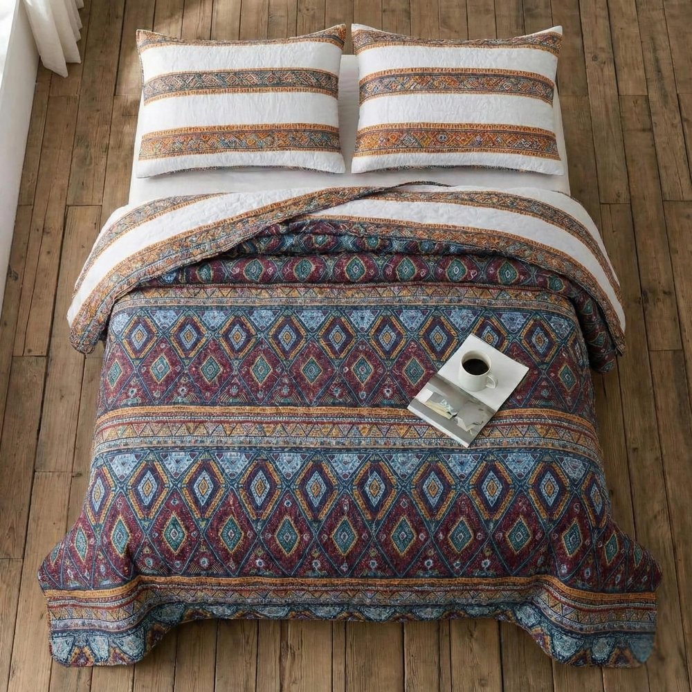 DaDa Bedding Farmhouse Southwestern Aztec Bedspread Set - Bohemian Desert Tribal Quilted Coverlet w/Pillow Shams - Bright Vibrant Colorful Diamond - King Size - 3-Pieces (KSX002)