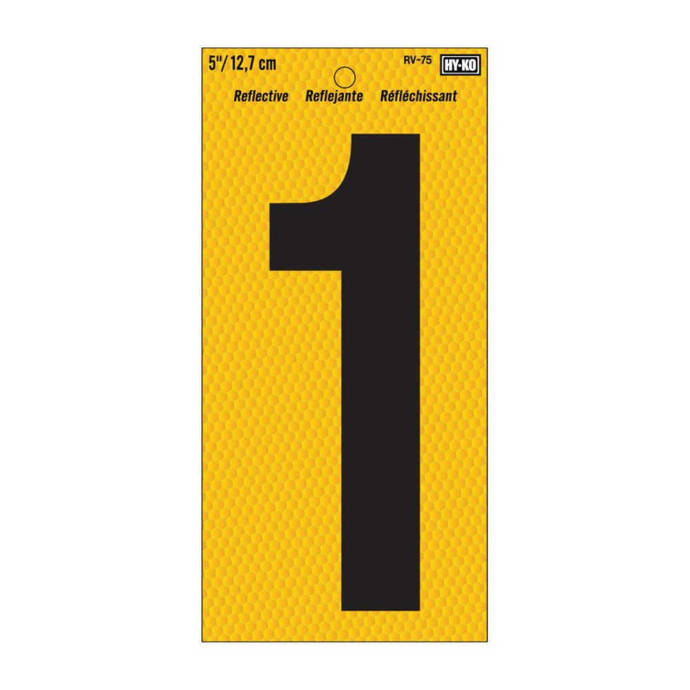 Hy-Ko RV-75/1 5" Black/Yellow Vinyl Self-Stick Reflective House Number 1