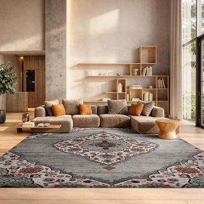 SAFAVIEH Area Rug 8x10 - Madison Collection - Large - Light Grey & Fuchsia, Boho Chic Medallion Design, Non-Shedding & Easy Cleaning, Ideal for Living Room, Bedroom, Office, Dining Space (MAD153R)